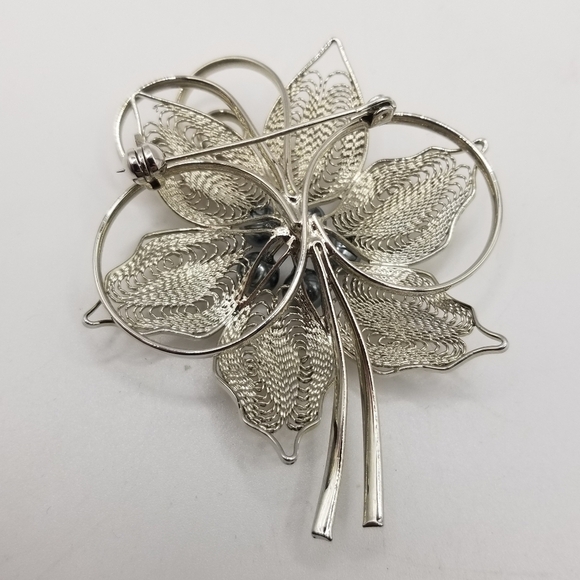 Vintage Silvertone Wirework Flower Brooch Pin Faux Pearls Gray Large Estate - Picture 3 of 10